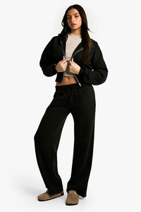 Pantalon de jogging d'hiver pour femme, noir, taille mi-haute, coupe droite, en molleton bouclette doux 100% coton, avec cordon de serrage, personnalisable, vente en gros - Product Image 2