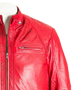 Men's High Quality Red <b>Canvas</b> Genuine Leather Moto Jacket Stand Collar Regular Fit Biker Style Winter Front - Product Image 3