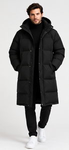 <b>Men's</b> <b>Long</b> Hooded Puffer Jacket <b>Black</b> Thick Winter <b>Coat</b> Zipper Warm Quilted Casual Windproof Outerwear Front Logo Polyester - Product Image 6