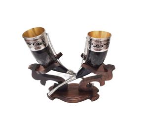 Cuerno para beber antiguo Cuerno de ganado natural pulido con soporte de madera Seguro para alimentos a prueba de fugas para la decoración del Club del partido al precio más bajo - Product Image 1