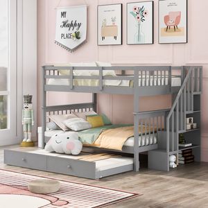 Full Over Full <b>Bunk</b> <b>Bed</b> with Twin Trundle and <b>Storage</b> Guard Rail for Bedroom Gray LT000210AAE for Kids' Dorms - Product Image 1