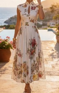 Robe de soirée élégante sans manches en coton 100% à taille naturelle et longueur ras du sol pour femme moderne - Product Image 1