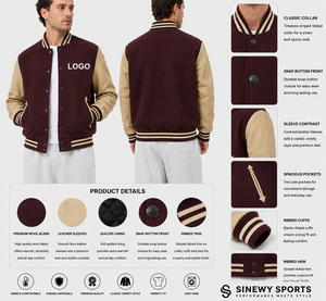 Chaqueta Varsity Marrón para Hombre, Mangas Beige, Logotipo Bordado, Cierre de Botones Delanteros, Ropa Casual de Invierno, Secado Rápido, Lana/Viscosa/Algodón - Product Image 1