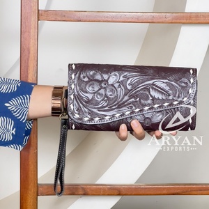 Cartera Larga de Cuero Genuino Hecha a Mano con Diseño Floral para Mujer, Monedero y Tarjetero, Novedad al por Mayor - Product Image 1