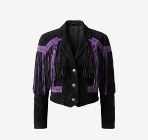 <b>Black</b> Suede Fringed Blazer Full Sleeve Turn-down Collar Autumn Women's Jacket Solid Color Short Length - Product Image 1