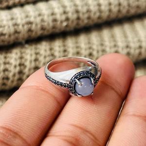 Art Deco Blue Chalcedony Brass <b>Ring</b> Silver Plated Vintage Halo Wholesale <b>Ring</b> For Women - Product Image 6