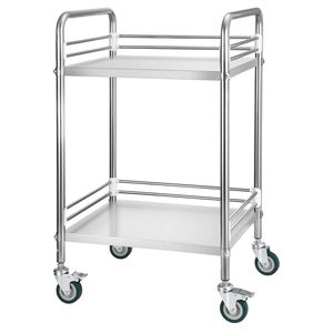 Chariot utilitaire de laboratoire à 2 niveaux en acier inoxydable avec roues verrouillables, chariot de service mobile robuste pour clinique, chariot de rangement pour plateaux - Product Image 1