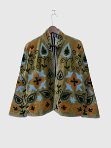 Veste à col mandarin en velours brodée à la main avec des motifs floraux, manches longues, taille plus, vêtements d'hiver pour adultes, style blouson - Product Image 1