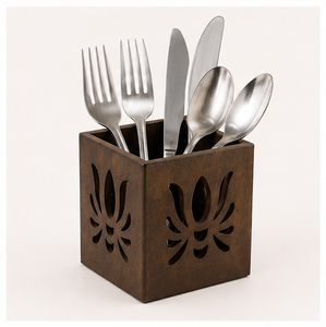 Handcrafted Rustic Wooden Cutlery Holder With Elegant Floral Laser Cut Design Eco-friendly <b>Tabletop</b> Spoon & Fork Stand Organizer - Product Image 6