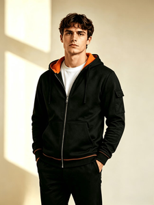 Men's Black Hooded Sweatshirt Regular Fit French Terry Cotton Casual Autumn Wear Orange Lining Pocket Customizable Personalized - Product Image 2