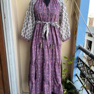 Vestido Maxi Casual de Algodón con Estampado Floral para Mujer, Superventas 2026, Bloques de Color Combinados con Cinturón, Manga Larga, Vestido Escalonado con Bolsillos - Product Image 5