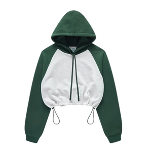 Unisex <b>Cropped</b> Hooded <b>Sweatshirt</b> Raglan Sleeve Color Blocking <b>White</b> Black Cotton Fleece Oversized Fit Casual 420g OEM Service - Product Image 2