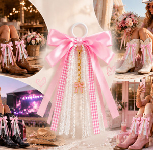 Ensemble moderne de 2 pinces décoratives en satin rose avec nœud et dentelle perlée pour bottes de cowgirl, accessoire de fête pour femme - Product Image 5