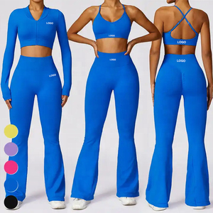 <b>Women</b> High Waist Flared Leg <b>Yoga</b> Set Solid Color Breathable Seamless 2 Piece Sportswear Top And <b>Pants</b> - Product Image 5