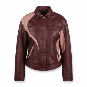 <b>Burgundy</b> Pink Womens Genuine <b>Leather</b> Trucker <b>Jacket</b> Curved Panel Color Block Biker Outerwear Snap Closure Casual Coat - Product Image 1