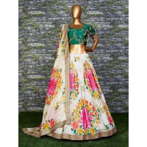 Hermoso Lehenga Choli Semi-Cosido con Estampado Digital en Blanco y Verde de Zeel Clothing - Product Image 4