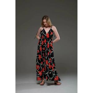 ชุดเดรสแม็กซี่พิมพ์ลายดอกไม้สีดำสำหรับผู้หญิง แขนกุด สายสปาเก็ตตี้ คอวี ทรงหลวม สไตล์ลำลอง ชุดเดรสยาวสำหรับฤดูร้อนและชายหาด - Product Image 2