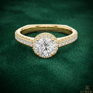 Bague de fiançailles délicate avec halo de diamants de laboratoire ronds, bordure pavée étincelante autour d'un diamant central brillant, sertissage sécurisé par griffes - Product Image 2