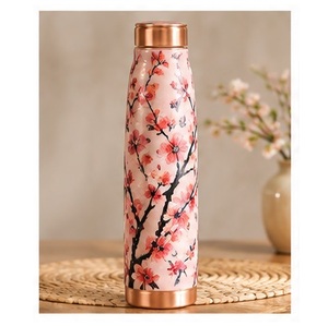 Thermos en cuivre à motif floral bleu or ayurvédique, couvercle en cuivre, bouteille d'eau portable de voyage, design bleu or - Product Image 4