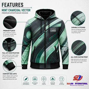 Sudadera con capucha y cremallera completa personalizada, color menta carbón, estampado vectorial, OEM, logotipo de marca privada, ropa urbana, fabricante mayorista de prendas de vestir - Product Image 3