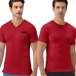 T-shirt pour homme à col en V, manches courtes, coupe ajustée, couleur unie, tissu en jersey de coton respirant, impression de logo sur le devant, style décontracté - Product Image 3
