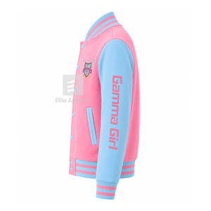 Chaqueta universitaria personalizada de la hermandad Gamma Phi Delta, azul cielo y rosa, manga larga, cierre frontal con cremallera, cuello con ribete, logotipo bordado, algodón - Product Image 3