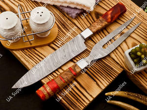 Lot de 2 couteaux de chef et fourchettes en acier Damas forgé à la main, pour découper le brisket, découpeur-trancheur pour barbecue extérieur, manche en bois d'olivier, OEM, faibles MOQ - Product Image 4