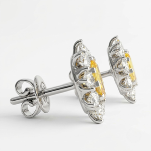 Pendientes de Diamantes Cultivados en Laboratorio, Color Naranja Amarillo, Corte Ovalado, 2.18CTW, Platino PT950, Certificación IGI, Diseño Floral Halo, Par - Product Image 2
