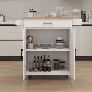 Carrello da Cucina Regolabile Bianco con Ruote, Porta Spezie, Portasciugamani e Piano in Legno di Gomma per Organizzazione - Product Image 5