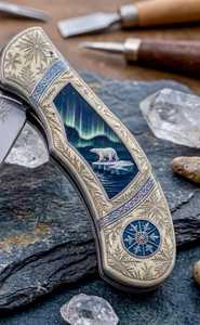 Navaja Plegable Artística con Diseño de Oso Polar y Aurora, Grabado de Copo de Nieve, Apertura con Perilla, Punta Afilada - Product Image 6