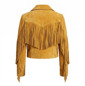 Gold Suede <b>Jacket</b> With <b>Fringe</b> Sleeve Zipper Closure Breathable Eco Friendly Turn down Collar Women winter Fashion Leather <b>Jacket</b> - Product Image 2