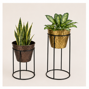Juego de 2 Macetas Modernas de Lujo en Metal Dorado Martillado con Soporte de Hierro Negro, Elegantes Macetas Decorativas para Interiores, para Sala de Estar - Product Image 1