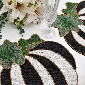 Handmade Beaded Pumpkin Placemat Fabric <b>Table</b> Mat Novelty Design Black White Stripes Green Leaves Custom Shape - Product Image 2