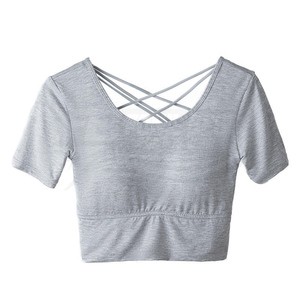 <b>Support</b> Custom Logo Front Cross <b>Back</b> Yoga Crop Top Women's Short Sleeve Breathable Built-in Bra Plus Size Quick Dry Activewear - Product Image 6