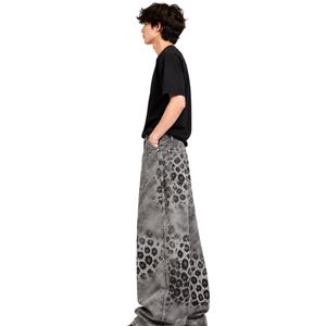 <b>Men's</b> Grey Patchwork Baggy <b>Jeans</b> Wide Leg Washed Denim Pants Floral Leopard Print Panels Vintage Streetwear Fashion <b>Trousers</b> - Product Image 5