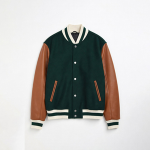 Wholesale Custom Embroidered Varsity Jacket Men Women Green <b>Wool</b> Body <b>Brown</b> Leather Sleeves Striped Rib Knit Classic Letterman - Product Image 1