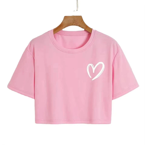 Women <b>Pink</b> Crop <b>Top</b> Casual Short Sleeve T Shirt Cute <b>Heart</b> Print Summer Fashion Tee Soft Cotton Slim Fit Cropped Tshirt Trendy - Product Image 1