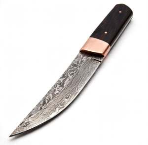 Cuchillo de Camping Personalizado Hecho a Mano de Acero de Damasco, Hoja Fija con Punta Caída, DIY OEM, Mango de Ébano Oscuro, Empuñadura de Cobre, Funda de Cuero - Product Image 6