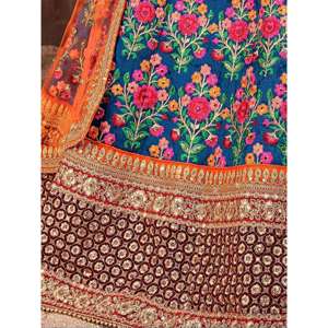 Lehenga Choli semi-cousu brodé de couleur bleu-rouge flamboyant pour mariage par Zeel Clothing - Product Image 1