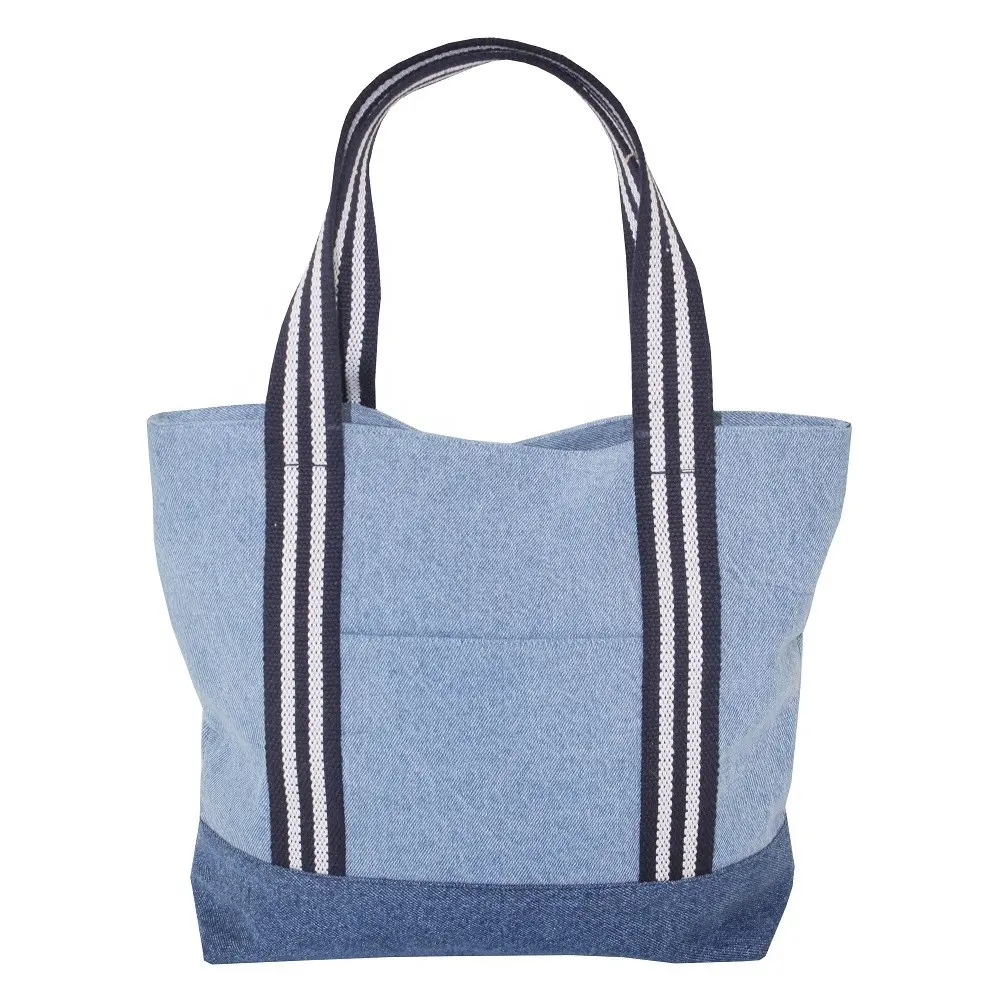 Toptan özel Logo eko geri dönüşümlü moda Denim kumaş bakkal Jean Tote çanta Denim Tote çanta özelleştirilmiş denim çanta