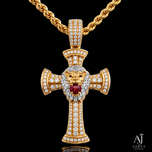 Collier Pendentif Croix Lion Couleur Or avec Moissanite et Pierre Centrale Rouge – Bijou Tendance - Product Image 4