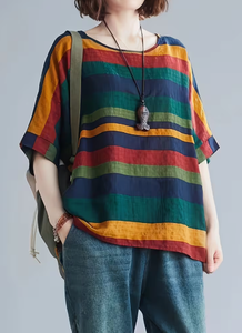 Plus Size Women's <b>Patchwork</b> Anti-Wrinkle O-Neck Pullover Short Sleeve 100% Cotton Casual Summer Knit Tee 380g Digital Printed - Product Image 6