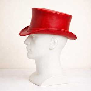 Sombrero de copa rojo unisex hecho a mano de cuero de primera calidad con banda trenzada, estilo vintage gótico steampunk, regalo para él. - Product Image 3