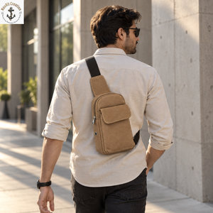 Sac de poitrine compact en toile avec bandoulière rembourrée et poche avant |   Sac bandoulière marron clair avec fermeture éclair pour un usage quotidien - Product Image 3