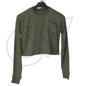 Blusa de Mujer Verde Oliva con Mangas Volantes, Cuello Redondo, Bolsillos, Corte Ajustado, Estilo Casual, Precio de Fábrica al por Mayor - Product Image 1