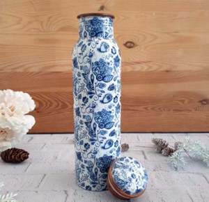 Blue Floral Print <b>Copper</b> Water <b>Bottle</b> Vintage Botanical <b>Drinking</b> <b>Bottle</b> Leakproof Travel Custom Logo Gift Wellness - Product Image 1