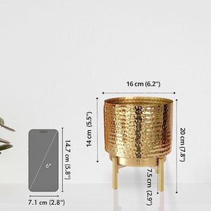 Pot de fleurs moderne en laiton avec finition martelée à la main et support métallique pour usage intérieur - Product Image 2