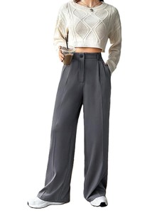 Pantalones de mujer de cintura alta, pierna ancha, color liso, de satén plisado, ajuste holgado, largos, informales, para otoño, con cierre de botones - Product Image 5