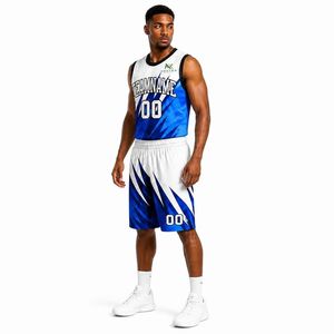 Ensemble de maillots de basket-ball sublimés personnalisés pour hommes, bleu et blanc, imprimé dynamique, uniforme en mesh, tenue d'équipe avec shorts, fabrication OEM - Product Image 6