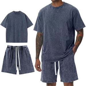 Men Gym Workout Acid Wash T Shirt Shorts <b>Set</b> Summer Casual 2 Piece Outfit Breathable Cotton Matching <b>Set</b> - Product Image 1